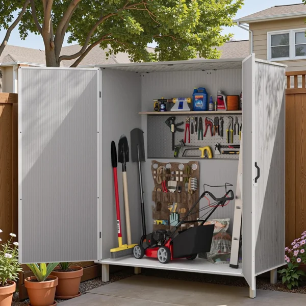 5x3_plastic_shed_with_lockable_door_gray_scene Patiowell 5x3 Plastic Outdoor Storage Shed with Lockable Door, Gray