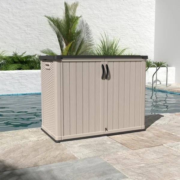 product-26cuft-plastic-cabinet-beige-scene-img-close-door Patiowell 26 Cu FT Plastic Storage Cabinet, Beige